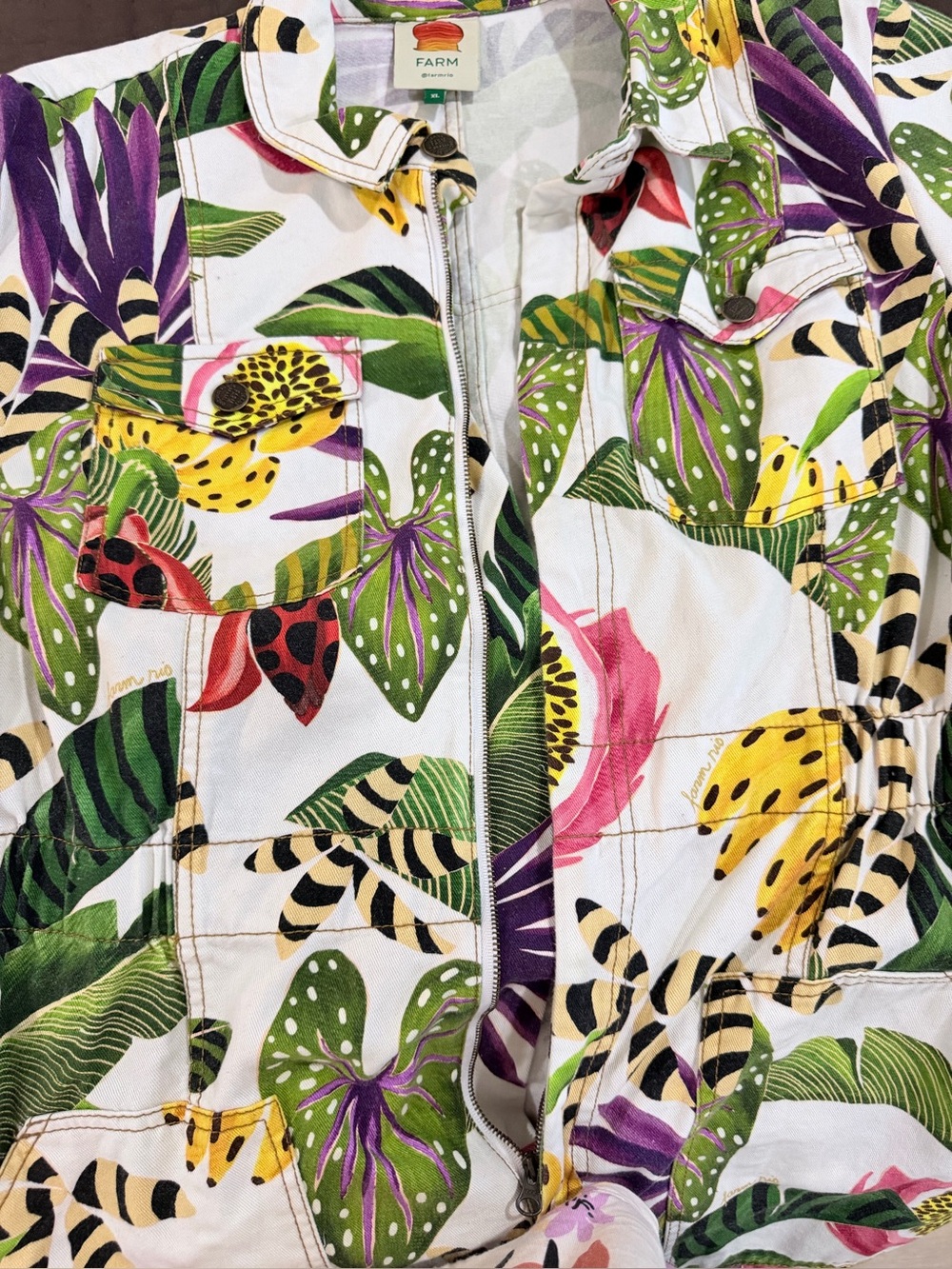 FarmRio Tropical Print Short-Sleeve Jumpsuit in White - Picture 10 of 12